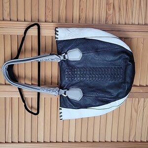 OrYANY Lyssie Black White Grey Braided Leather Baseball Theme Shoulder Tote Bag